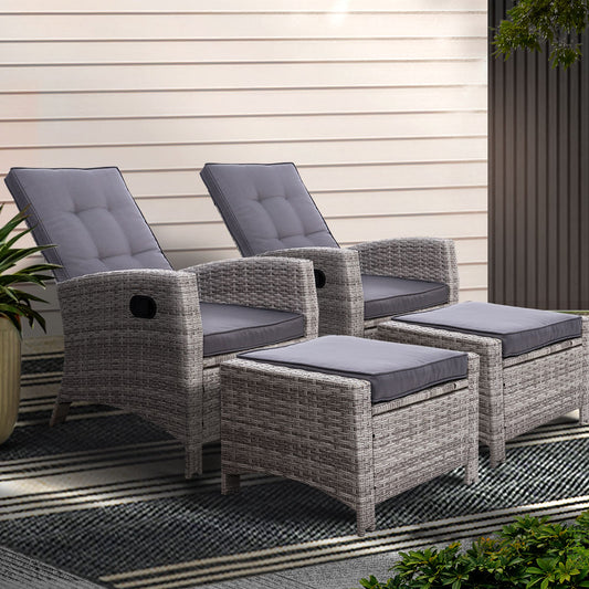 Gardeon 2PC Wicker Recliner Chairs Outdoor Sun Lounge Adjustable Grey