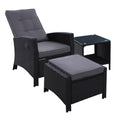 Gardeon 3PC Wicker Recliner Chairs Sun Lounge Outdoor Furniture Black