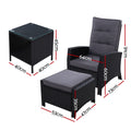 Gardeon 3PC Wicker Recliner Chairs Sun Lounge Outdoor Furniture Black
