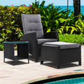 Gardeon 3PC Wicker Recliner Chairs Sun Lounge Outdoor Furniture Black