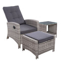 Gardeon 3PC Recliner Chairs Table Sun lounge Wicker Outdoor Grey