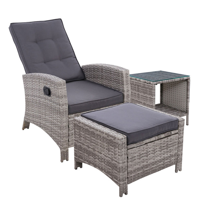 Gardeon 3PC Recliner Chairs Table Sun lounge Wicker Outdoor Grey