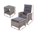 Gardeon 3PC Recliner Chairs Table Sun lounge Wicker Outdoor Grey