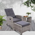 Gardeon 3PC Recliner Chairs Table Sun lounge Wicker Outdoor Grey