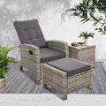 Gardeon 3PC Recliner Chairs Table Sun lounge Wicker Outdoor Grey