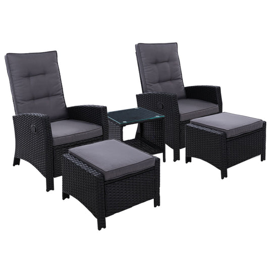 Gardeon 5PC Recliner Chairs Table Sun Lounge Wicker Outdoor Furniture