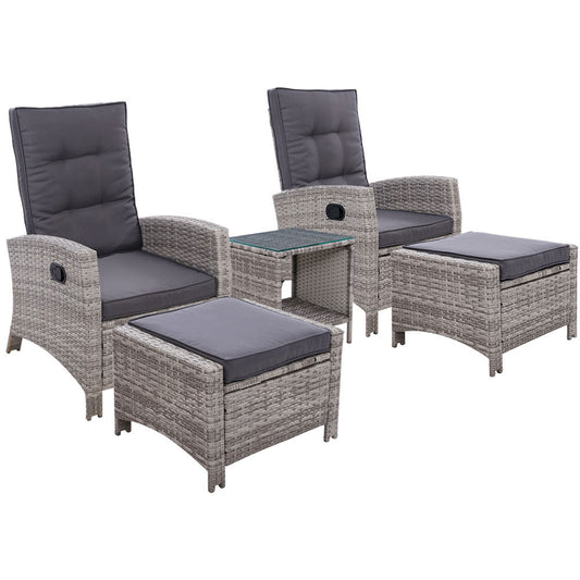 Gardeon 5PC Wicker Sun Lounge Recliner Chairs Table Outdoor Grey