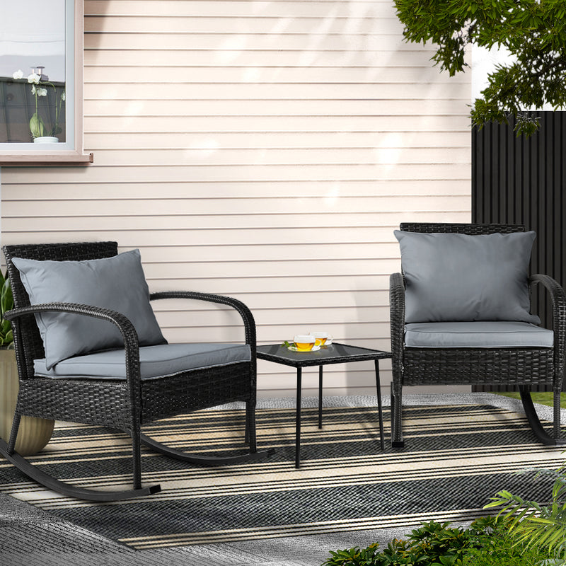 Gardeon 3PC Rocking Chair Wicker Outdoor Furniture Patio Set Black
