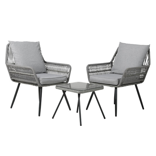 Gardeon 3PC Outdoor Bistro Set Grey Chairs Table Patio Lounge