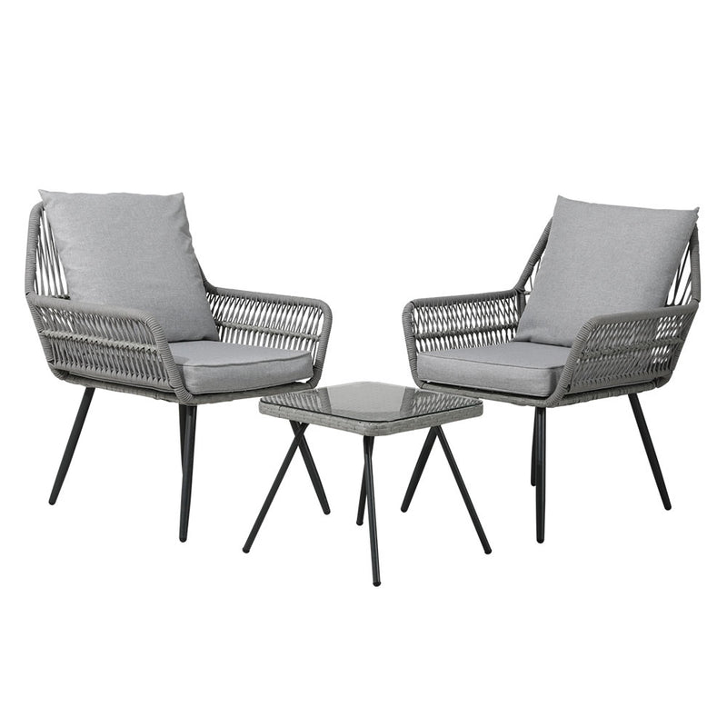 Gardeon 3PC Outdoor Bistro Set Grey Chairs Table Patio Lounge