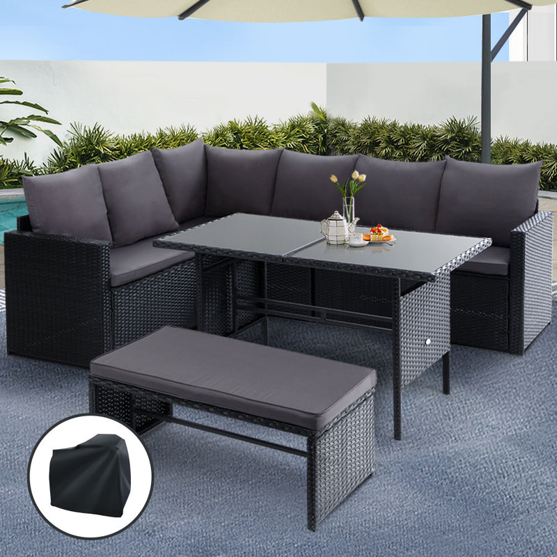 Gardeon Outdoor Dining Set 6pc Lounge Sofa Chairs Table Black