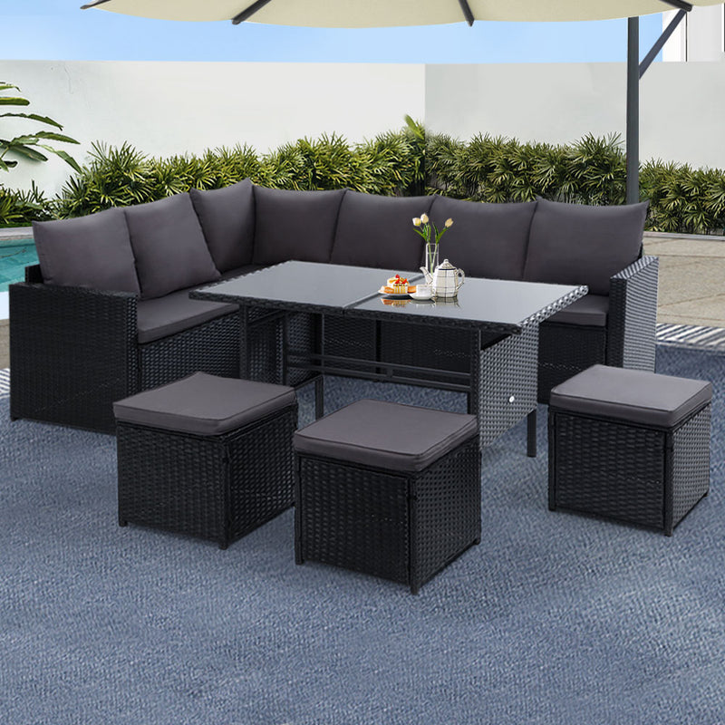 Gardeon 9 Seater Wicker Outdoor Lounge Dining Sofa Set Black