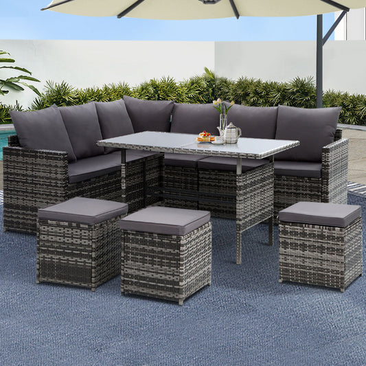 Gardeon 9 Seater Wicker Outdoor Dining Lounge Set Mixed Grey