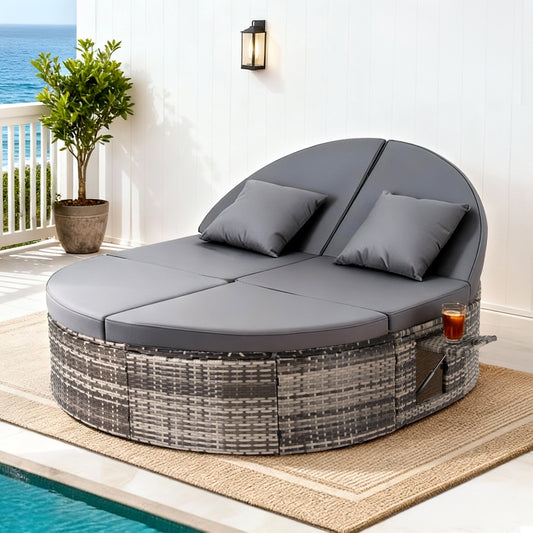 Gardeon Wicker Day Bed Lounger Patio Furniture Retractable Tray