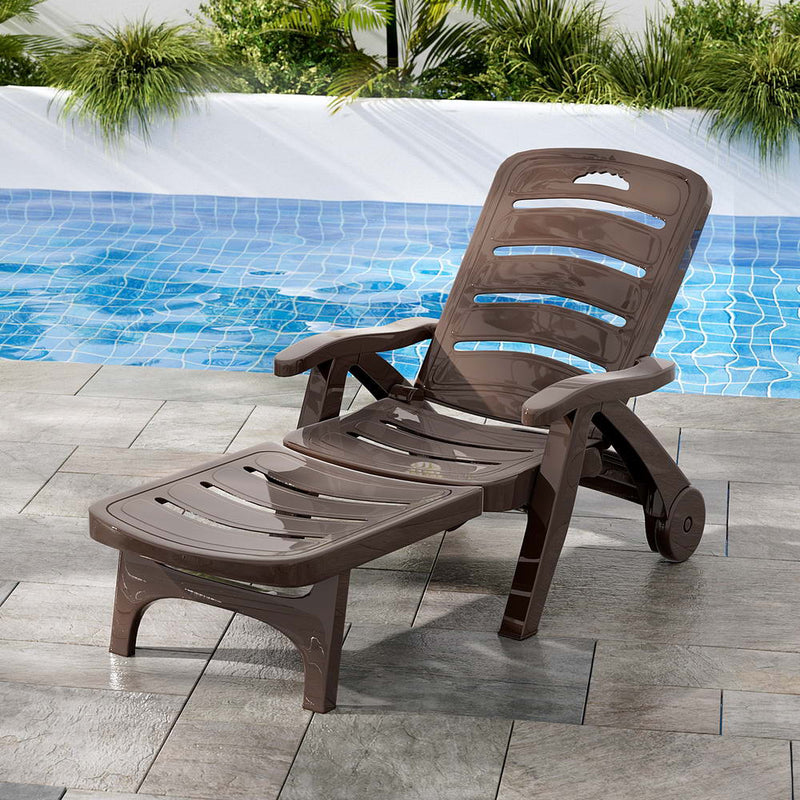 Gardeon Sun Lounger Folding Lounge Chair Wheels Patio Brown