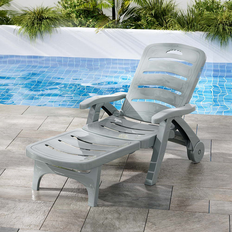 Gardeon Sun Lounger Folding Chair Wheels Grey Outdoor Patio Furniture