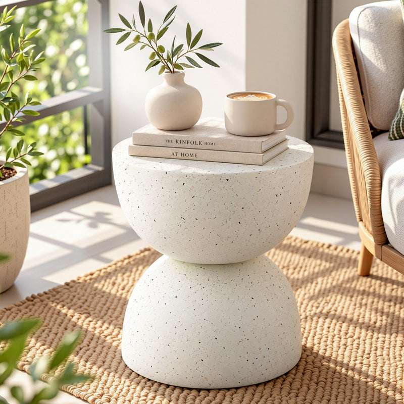 Gardeon Outdoor Side Table MGO Hourglass Garden Stool Terrazzo Look White