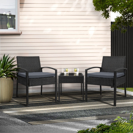 Gardeon 3PC Wicker Bistro Set Black Outdoor Patio Furniture Lounge