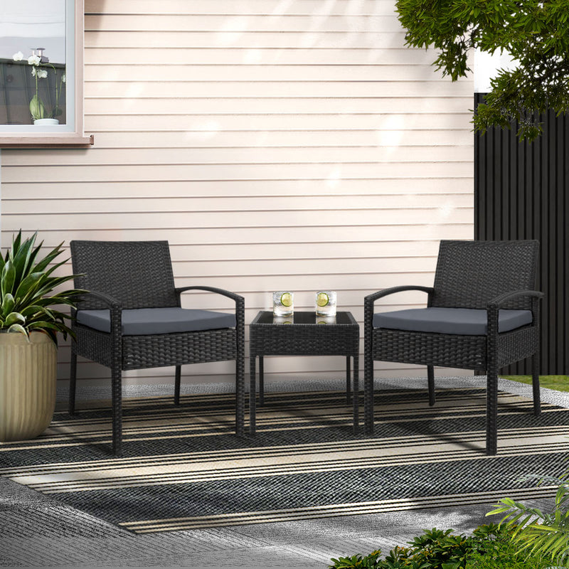 Gardeon 3PC Wicker Bistro Set Black Outdoor Patio Furniture Lounge