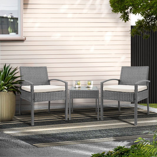 Gardeon 3PC Wicker Bistro Set Outdoor Patio Lounge Grey