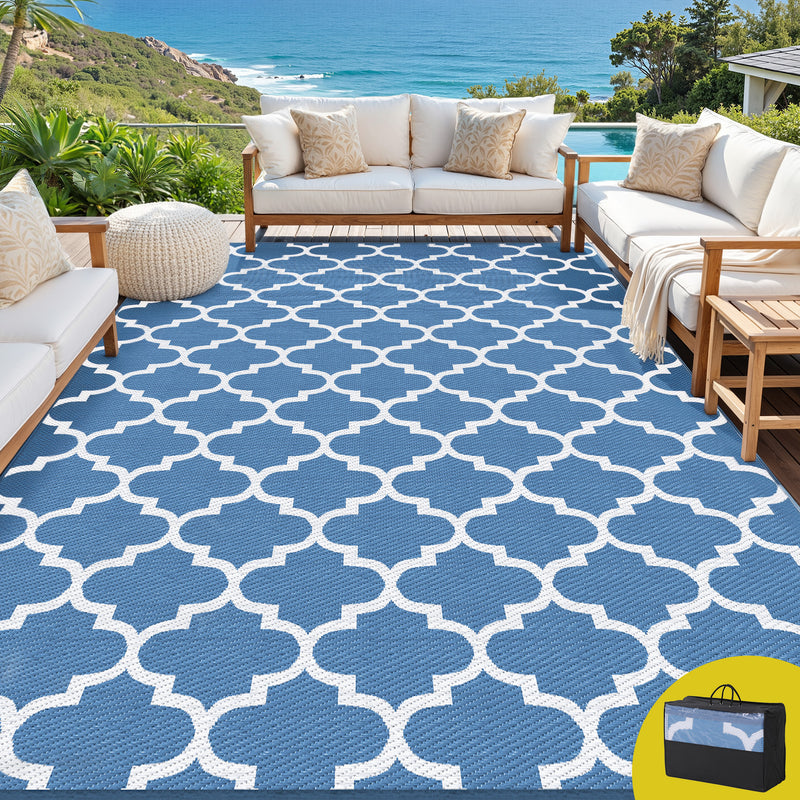 Gardeon Outdoor Rug 274x366cm Large Reversible Blue Patio Carpet