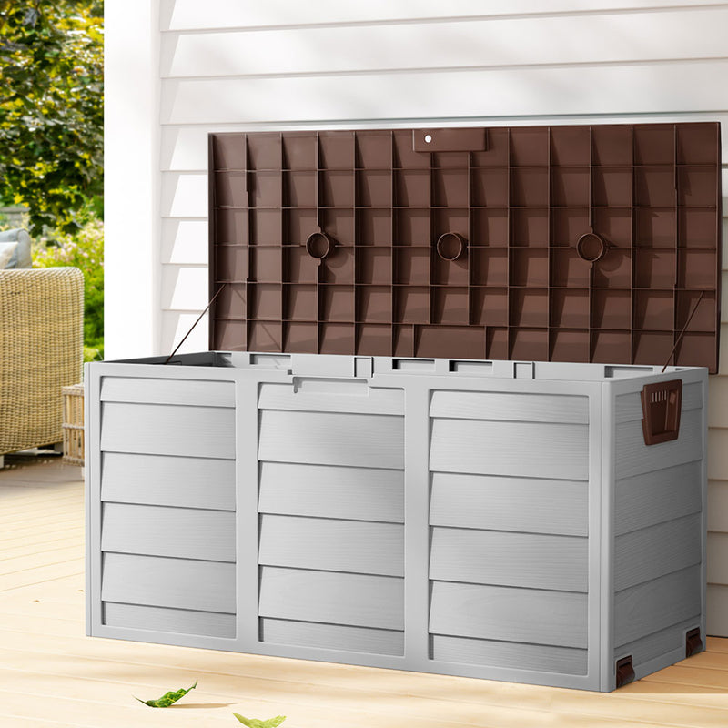 Gardeon 290L Outdoor Storage Box Lockable Brown Deck Garden Shed