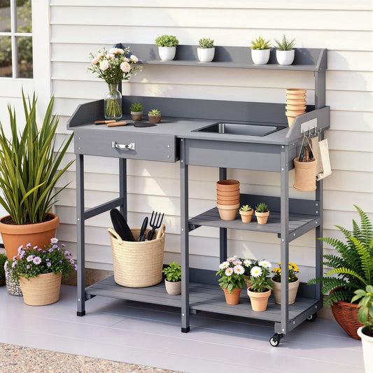 Gardeon Outdoor Potting Bench Table Cabinet Grey Garden Workstation