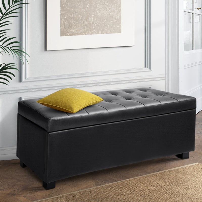 Artiss Storage Ottoman Blanket Box 97cm Black Leather