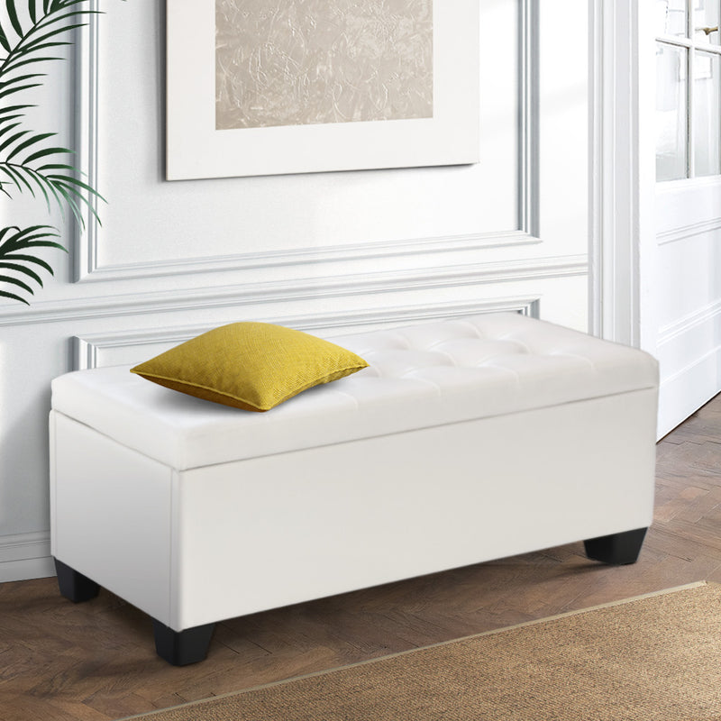 Artiss Storage Ottoman Blanket Box 97cm White Leather