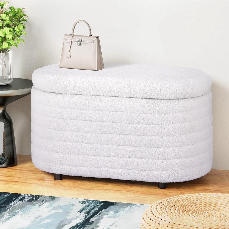Artiss Storage Ottoman 87cm Oval Boucle Fabric Blanket Box