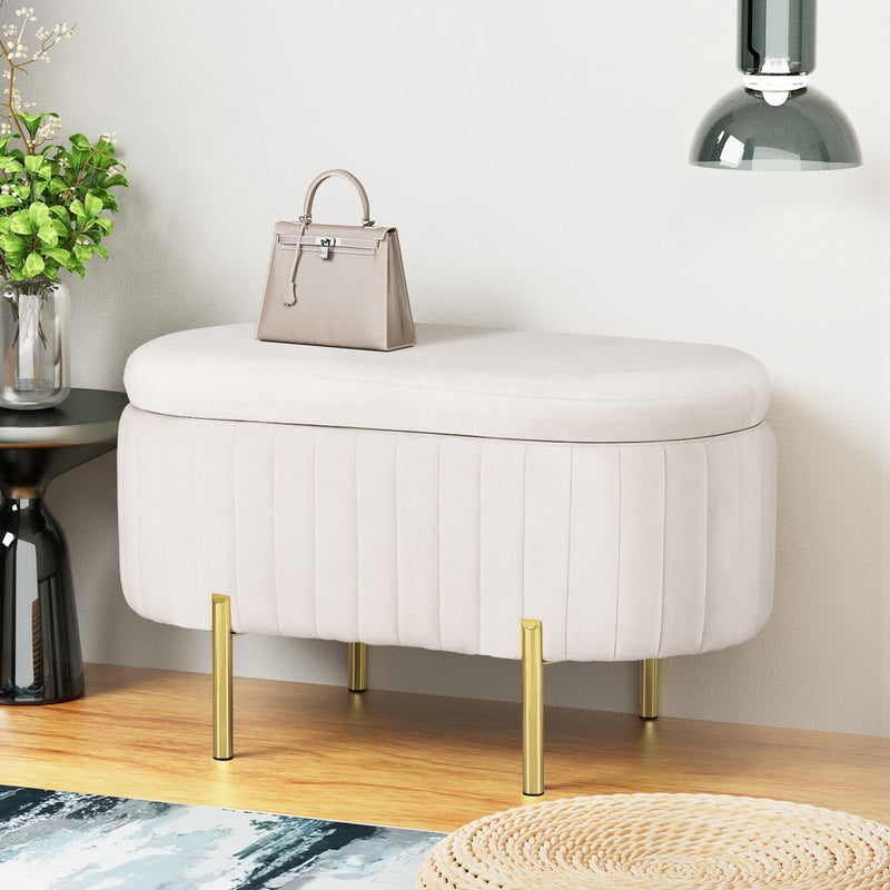 Artiss Storage Ottoman 87cm Oval Velvet Blanket Box White
