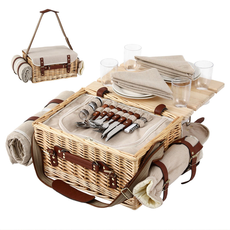 Alfresco 4 Person Insulated Picnic Basket Set with Foldable Wood Table Mat