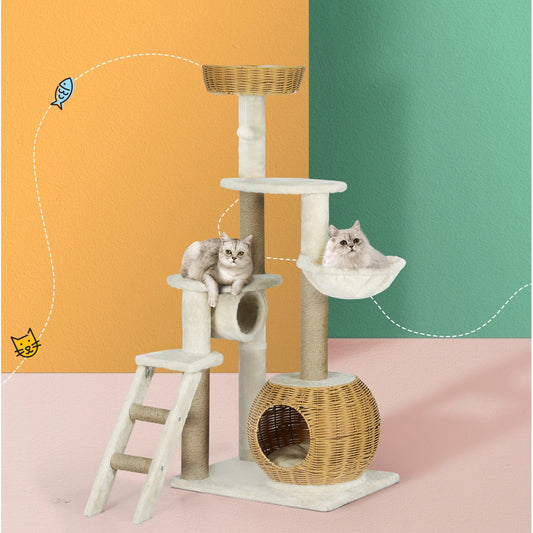 i.Pet Cat Tree 138cm Scratching Post Tower Wood Condo Rattan