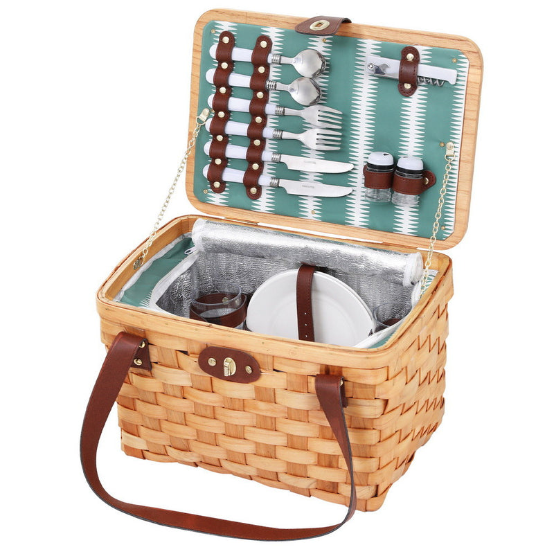 Alfresco 2 Person Picnic Basket Cooler Bag Wooden Plates