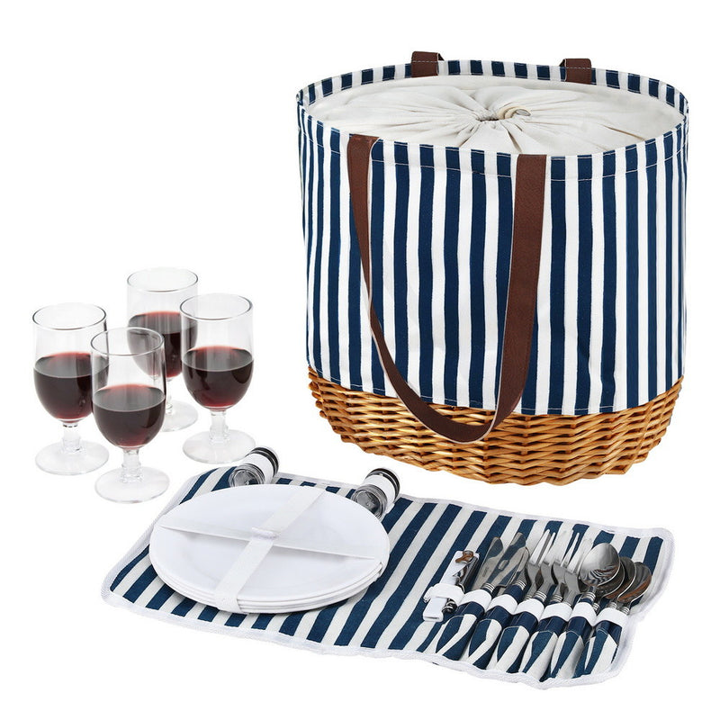 Alfresco 4 Person Picnic Basket Cooler Bag Wooden Blanket Set