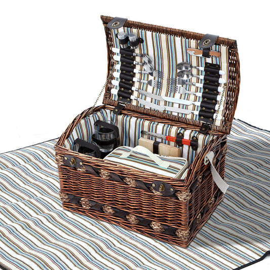 Alfresco 4 Person Picnic Basket Wooden Cooler Blanket Insulated