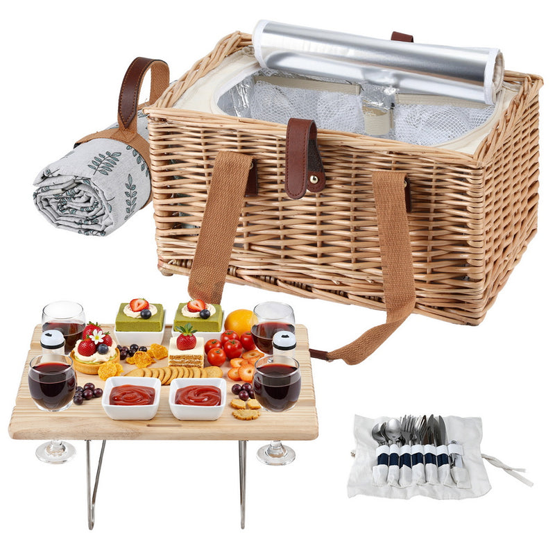 Alfresco 4 Person Picnic Basket Set Table Blanket Cooler Wood