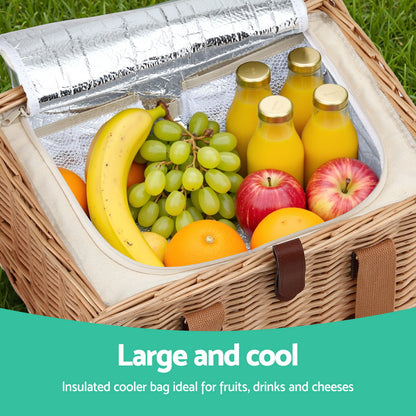 Alfresco 4 Person Picnic Basket Set with Table Blanket Cooler Wooden Insulated