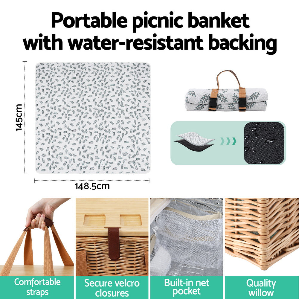 Alfresco 4 Person Picnic Basket Set with Table Blanket Cooler Wooden Insulated