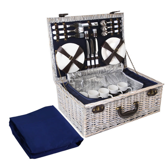 Alfresco 6 Person Picnic Basket Set Cooler Insulated Blanket Navy