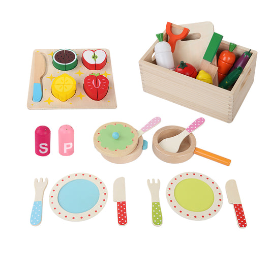 Keezi Wooden Kids Play Kitchen Set with Pots Pans Utensils Food