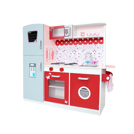 Keezi Wooden Kids Kitchen Play Set Red Fridge Oven Pretend Toys