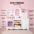 Keezi Wooden Kids Pretend Kitchen Playset with 29pc Food Set Pink White