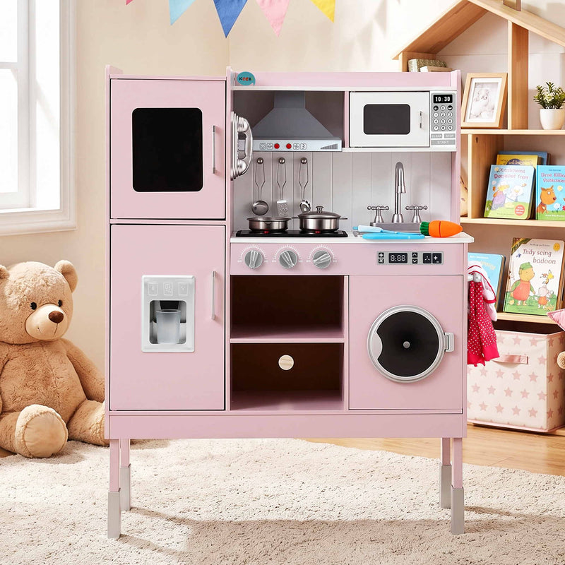 Keezi 102cm Wooden Pretend Kitchen Playset With Apron And Food Set1 Pink