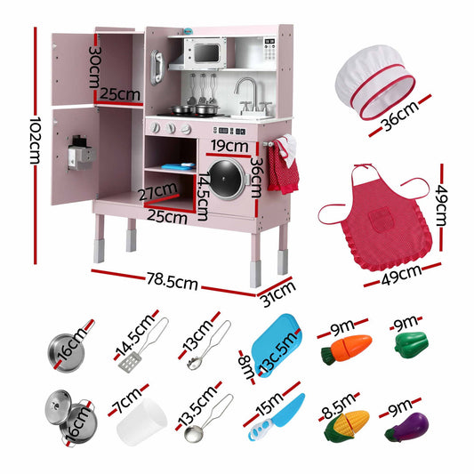 Keezi 102cm Wooden Pretend Kitchen Playset With Apron And Food Set1 Pink