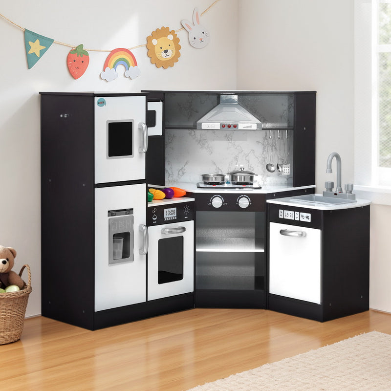 Keezi Wooden Kids Kitchen Play Set w/Sounds Lights Black