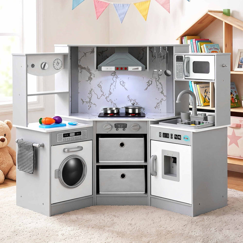 Keezi 112cm Wooden Pretend Kitchen Playset Kids Toy Sink Stove Grey