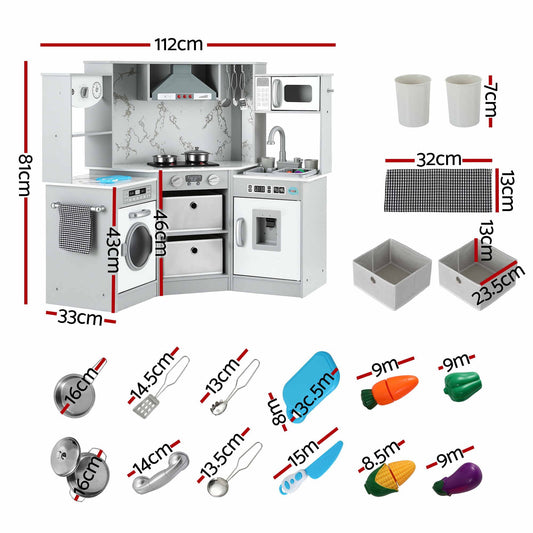 Keezi 112cm Wooden Pretend Kitchen Playset Kids Toy Sink Stove Grey
