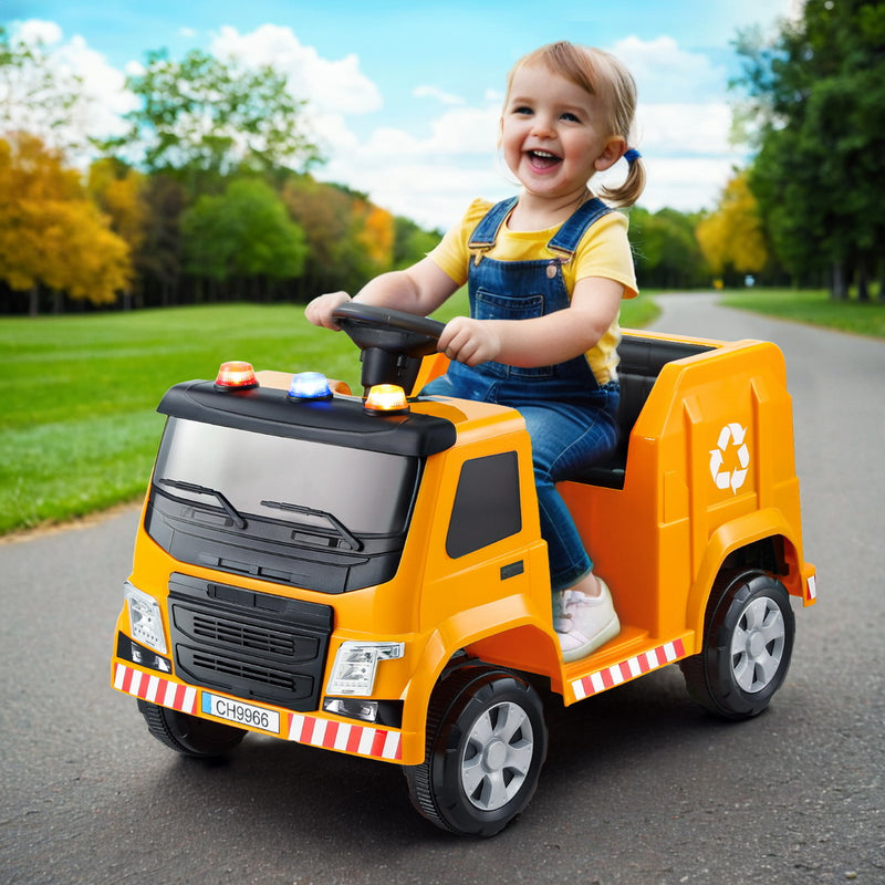 Rigo 12V Kids Ride On Garbage Truck Electric Car Yellow Police Light
