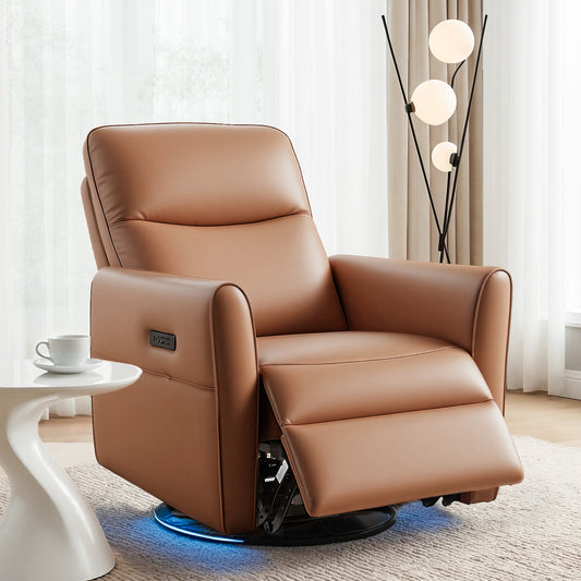 Artiss Swivel Recliner Chair Leather Brown w Charging Port LED